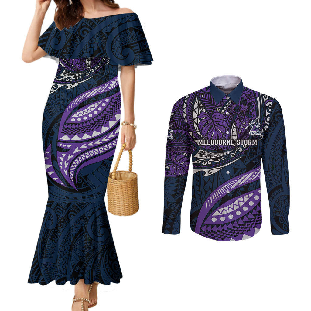 Personalised Melbourne Storm Couples Matching Mermaid Dress and Long Sleeve Button Shirt Polynesian Tribal Art Style With Cyborg Storm Mascot