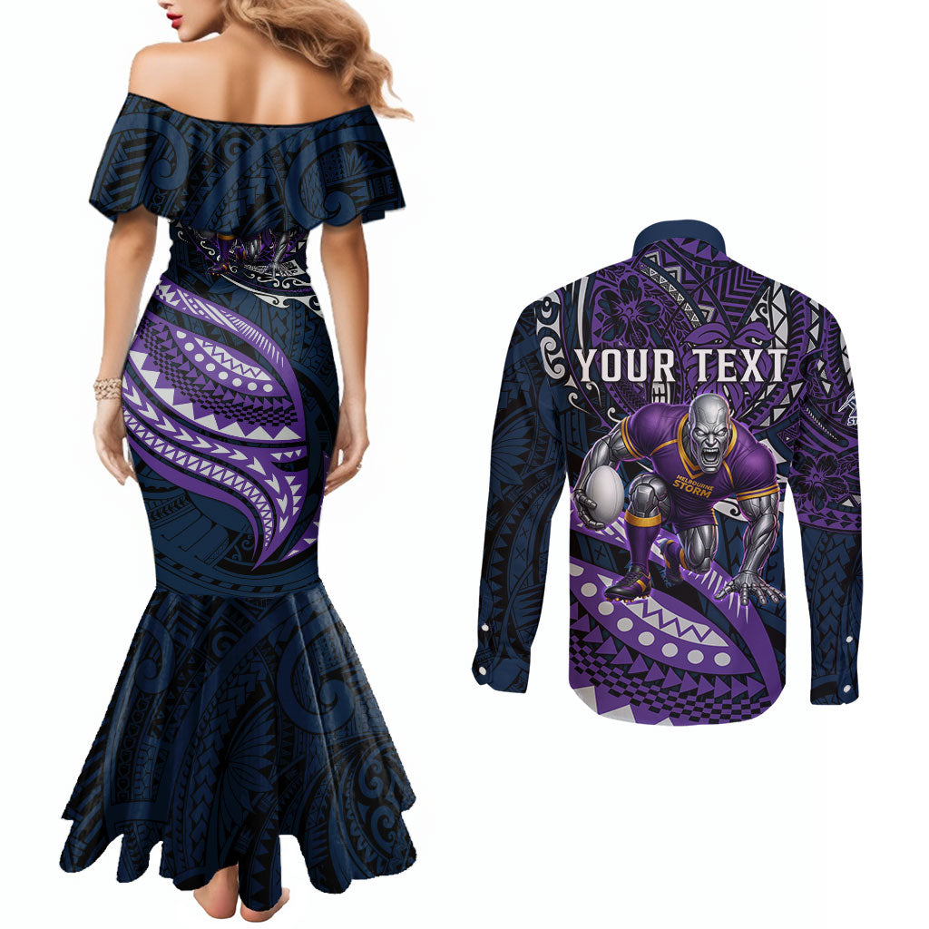 Personalised Melbourne Storm Couples Matching Mermaid Dress and Long Sleeve Button Shirt Polynesian Tribal Art Style With Cyborg Storm Mascot