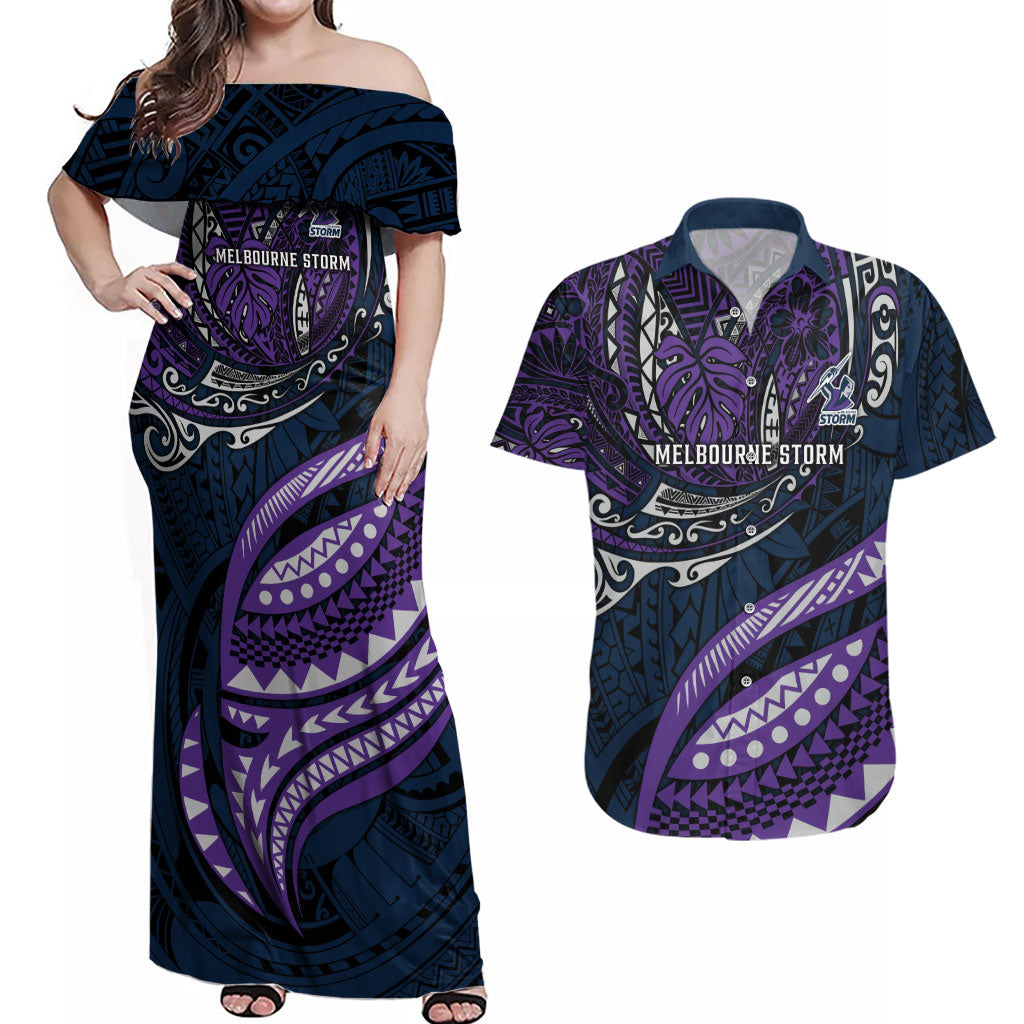 Personalised Melbourne Storm Couples Matching Off Shoulder Maxi Dress and Hawaiian Shirt Polynesian Tribal Art Style With Cyborg Storm Mascot