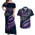 Personalised Melbourne Storm Couples Matching Off Shoulder Maxi Dress and Hawaiian Shirt Polynesian Tribal Art Style With Cyborg Storm Mascot