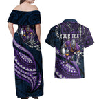 Personalised Melbourne Storm Couples Matching Off Shoulder Maxi Dress and Hawaiian Shirt Polynesian Tribal Art Style With Cyborg Storm Mascot