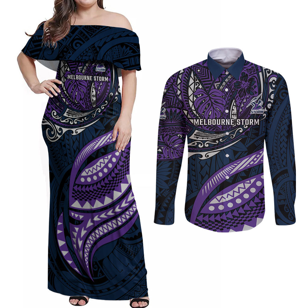 Personalised Melbourne Storm Couples Matching Off Shoulder Maxi Dress and Long Sleeve Button Shirt Polynesian Tribal Art Style With Cyborg Storm Mascot