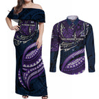 Personalised Melbourne Storm Couples Matching Off Shoulder Maxi Dress and Long Sleeve Button Shirt Polynesian Tribal Art Style With Cyborg Storm Mascot