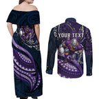 Personalised Melbourne Storm Couples Matching Off Shoulder Maxi Dress and Long Sleeve Button Shirt Polynesian Tribal Art Style With Cyborg Storm Mascot