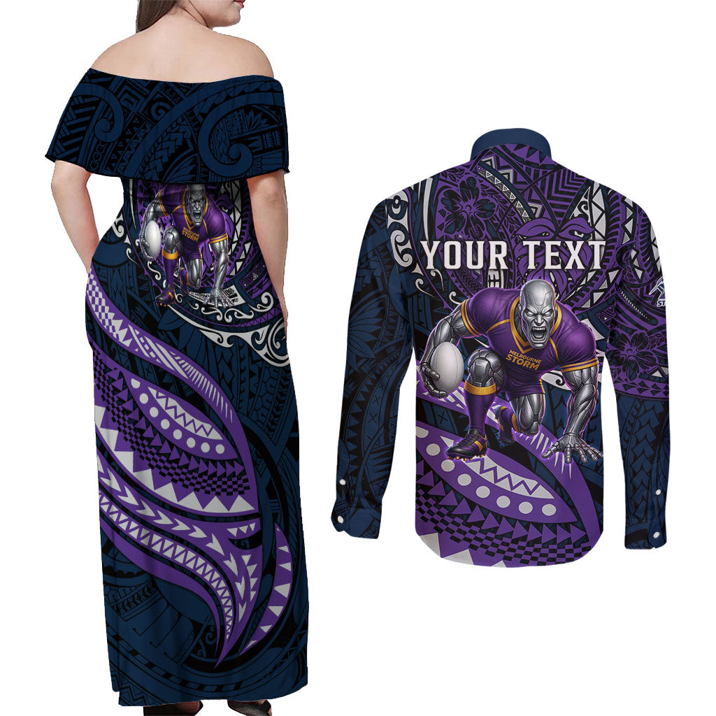 Personalised Melbourne Storm Couples Matching Off Shoulder Maxi Dress and Long Sleeve Button Shirt Polynesian Tribal Art Style With Cyborg Storm Mascot