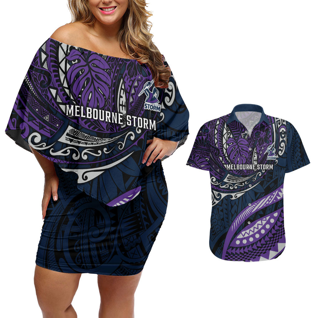 Personalised Melbourne Storm Couples Matching Off Shoulder Short Dress and Hawaiian Shirt Polynesian Tribal Art Style With Cyborg Storm Mascot