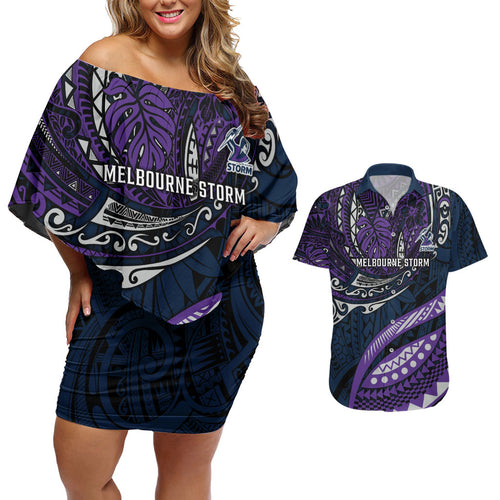Personalised Melbourne Storm Couples Matching Off Shoulder Short Dress and Hawaiian Shirt Polynesian Tribal Art Style With Cyborg Storm Mascot
