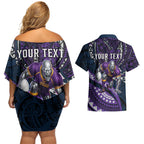 Personalised Melbourne Storm Couples Matching Off Shoulder Short Dress and Hawaiian Shirt Polynesian Tribal Art Style With Cyborg Storm Mascot
