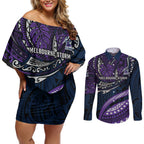 Personalised Melbourne Storm Couples Matching Off Shoulder Short Dress and Long Sleeve Button Shirt Polynesian Tribal Art Style With Cyborg Storm Mascot