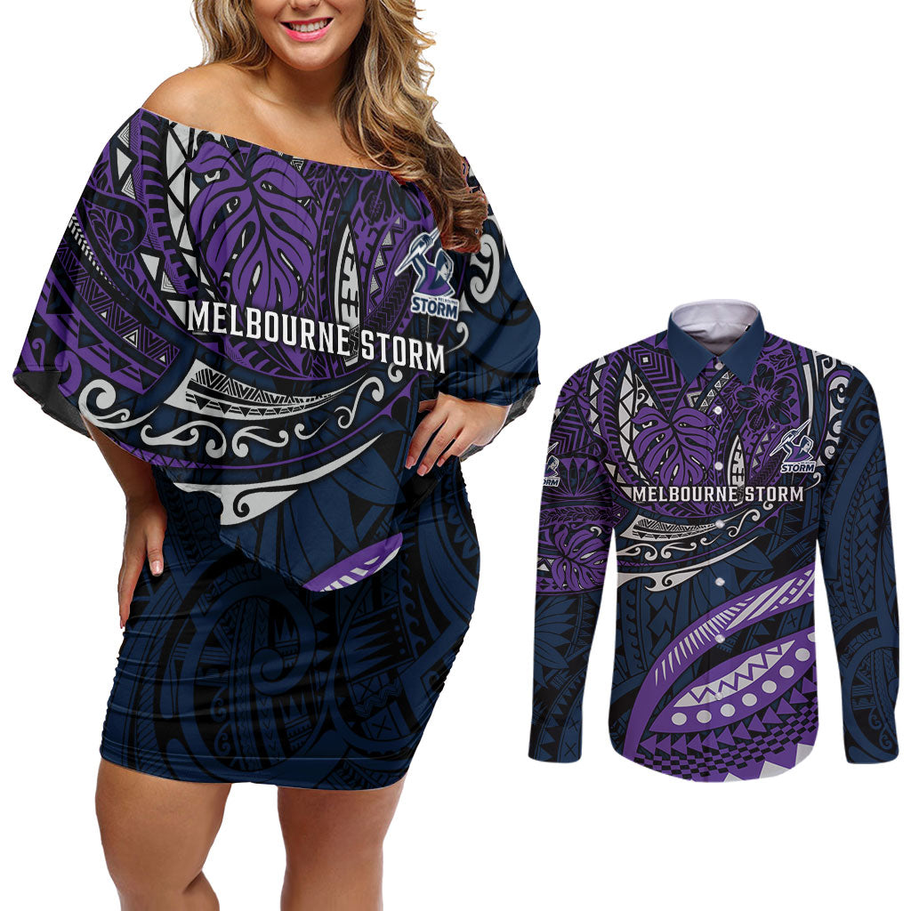 Personalised Melbourne Storm Couples Matching Off Shoulder Short Dress and Long Sleeve Button Shirt Polynesian Tribal Art Style With Cyborg Storm Mascot