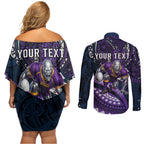 Personalised Melbourne Storm Couples Matching Off Shoulder Short Dress and Long Sleeve Button Shirt Polynesian Tribal Art Style With Cyborg Storm Mascot