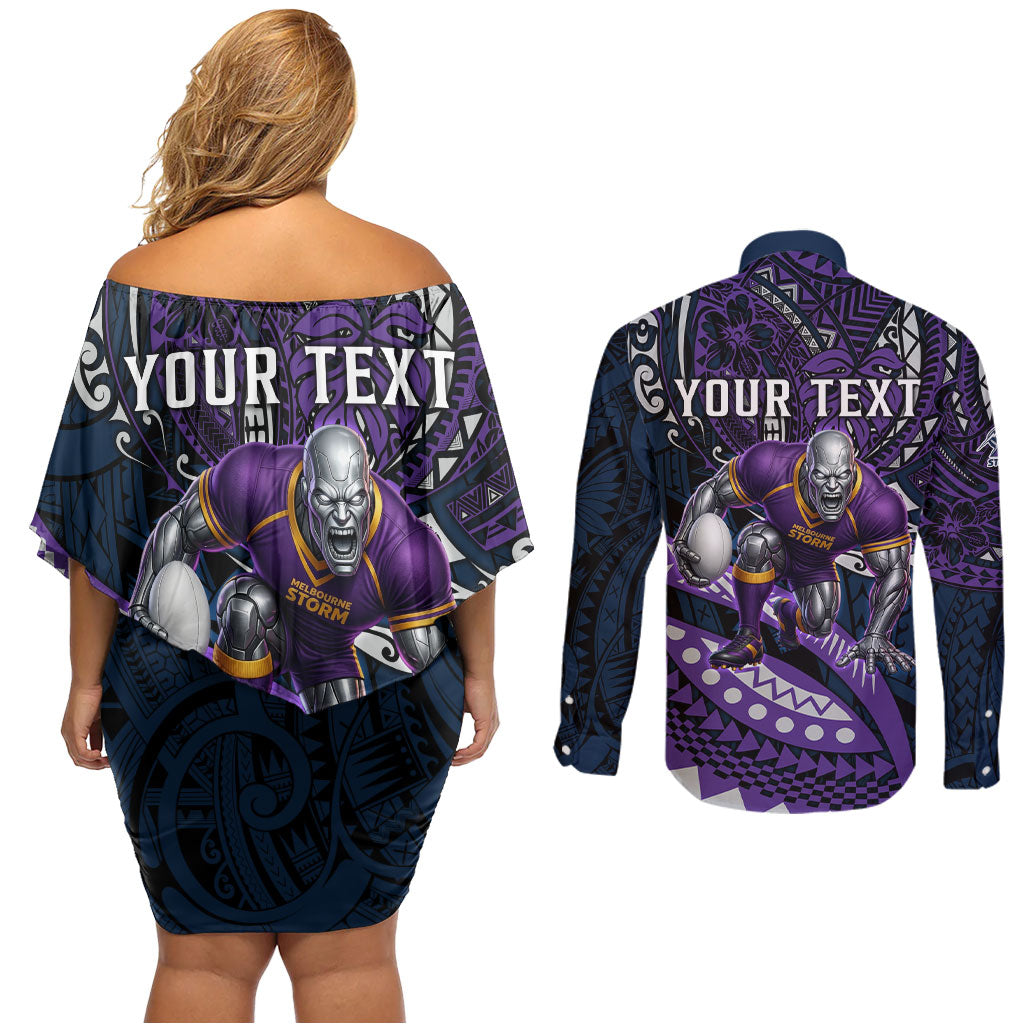 Personalised Melbourne Storm Couples Matching Off Shoulder Short Dress and Long Sleeve Button Shirt Polynesian Tribal Art Style With Cyborg Storm Mascot
