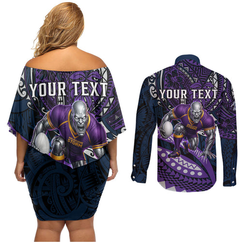 Personalised Melbourne Storm Couples Matching Off Shoulder Short Dress and Long Sleeve Button Shirt Polynesian Tribal Art Style With Cyborg Storm Mascot