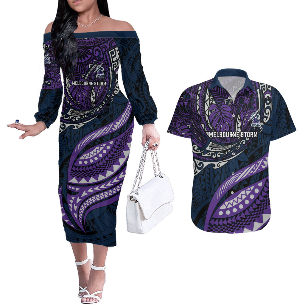 Personalised Melbourne Storm Couples Matching Off The Shoulder Long Sleeve Dress and Hawaiian Shirt Polynesian Tribal Art Style With Cyborg Storm Mascot