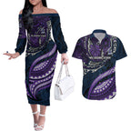 Personalised Melbourne Storm Couples Matching Off The Shoulder Long Sleeve Dress and Hawaiian Shirt Polynesian Tribal Art Style With Cyborg Storm Mascot