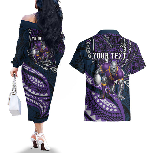 Personalised Melbourne Storm Couples Matching Off The Shoulder Long Sleeve Dress and Hawaiian Shirt Polynesian Tribal Art Style With Cyborg Storm Mascot