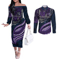 Personalised Melbourne Storm Couples Matching Off The Shoulder Long Sleeve Dress and Long Sleeve Button Shirt Polynesian Tribal Art Style With Cyborg Storm Mascot