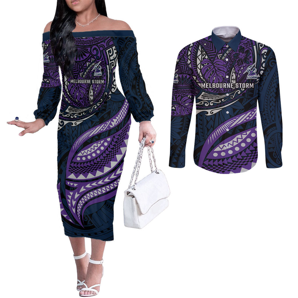 Personalised Melbourne Storm Couples Matching Off The Shoulder Long Sleeve Dress and Long Sleeve Button Shirt Polynesian Tribal Art Style With Cyborg Storm Mascot
