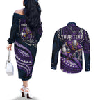 Personalised Melbourne Storm Couples Matching Off The Shoulder Long Sleeve Dress and Long Sleeve Button Shirt Polynesian Tribal Art Style With Cyborg Storm Mascot