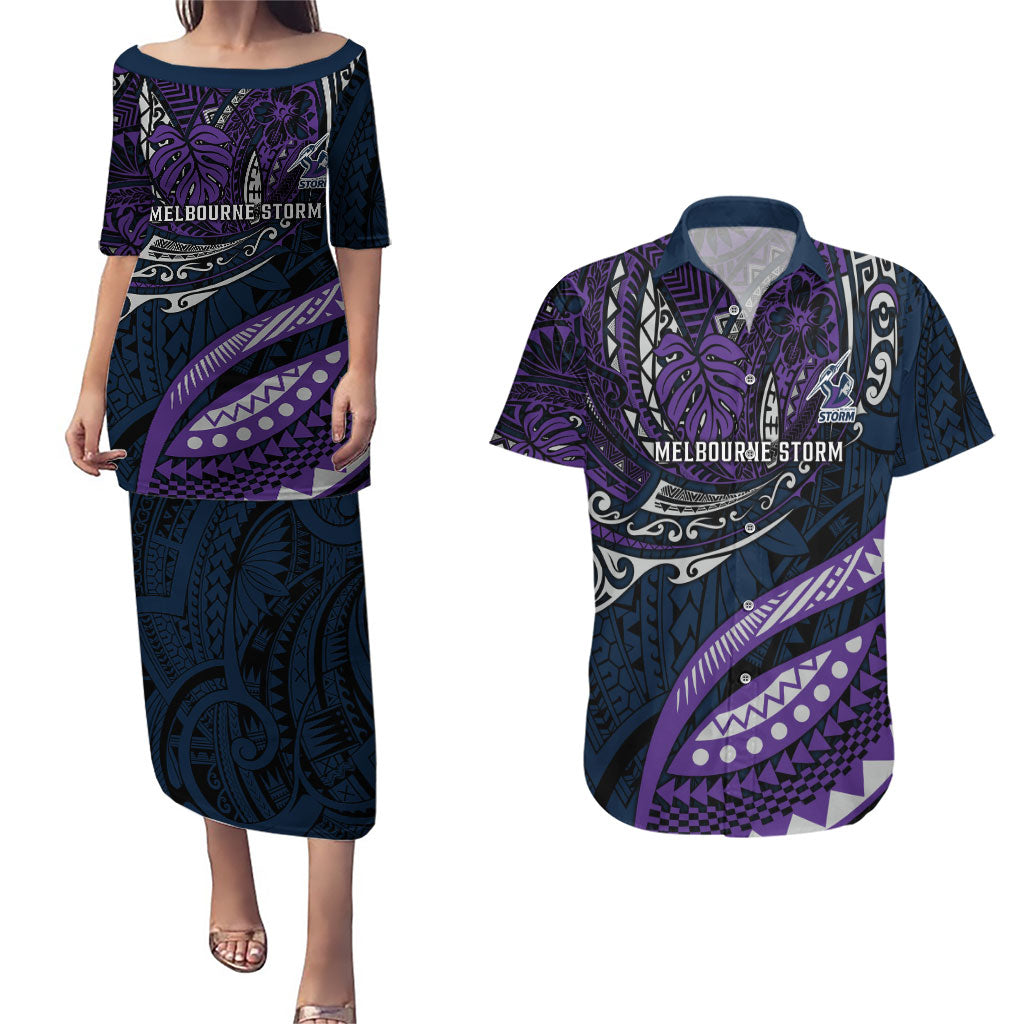 Personalised Melbourne Storm Couples Matching Puletasi and Hawaiian Shirt Polynesian Tribal Art Style With Cyborg Storm Mascot