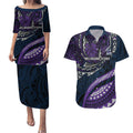 Personalised Melbourne Storm Couples Matching Puletasi and Hawaiian Shirt Polynesian Tribal Art Style With Cyborg Storm Mascot