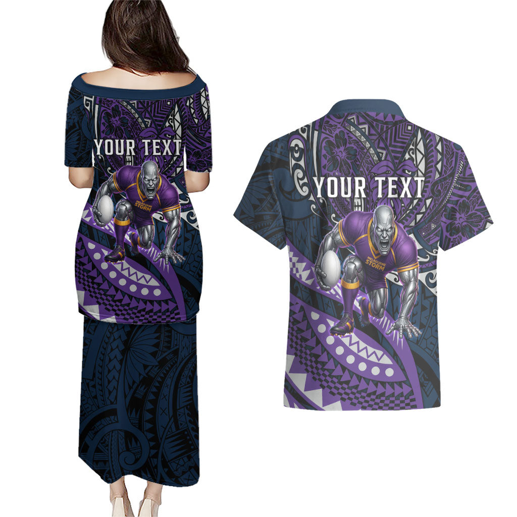 Personalised Melbourne Storm Couples Matching Puletasi and Hawaiian Shirt Polynesian Tribal Art Style With Cyborg Storm Mascot