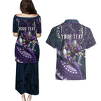Personalised Melbourne Storm Couples Matching Puletasi and Hawaiian Shirt Polynesian Tribal Art Style With Cyborg Storm Mascot