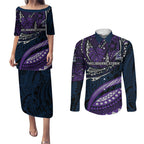 Personalised Melbourne Storm Couples Matching Puletasi and Long Sleeve Button Shirt Polynesian Tribal Art Style With Cyborg Storm Mascot