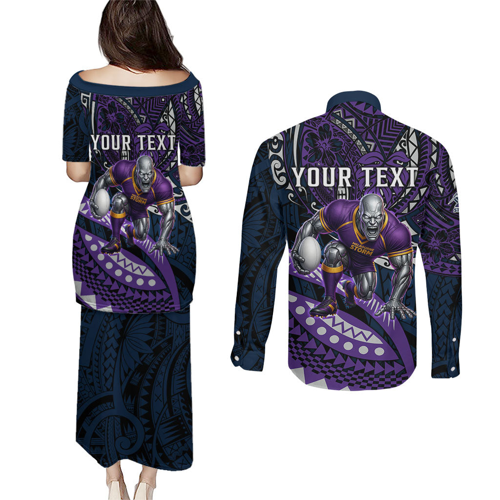 Personalised Melbourne Storm Couples Matching Puletasi and Long Sleeve Button Shirt Polynesian Tribal Art Style With Cyborg Storm Mascot