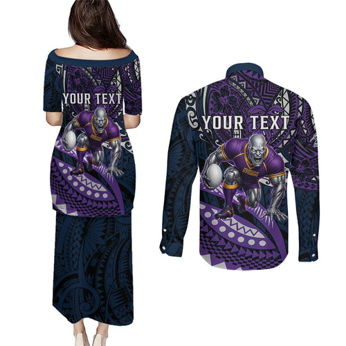 Personalised Melbourne Storm Couples Matching Puletasi and Long Sleeve Button Shirt Polynesian Tribal Art Style With Cyborg Storm Mascot