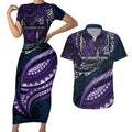 Personalised Melbourne Storm Couples Matching Short Sleeve Bodycon Dress and Hawaiian Shirt Polynesian Tribal Art Style With Cyborg Storm Mascot