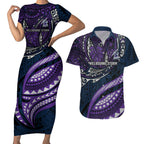 Personalised Melbourne Storm Couples Matching Short Sleeve Bodycon Dress and Hawaiian Shirt Polynesian Tribal Art Style With Cyborg Storm Mascot