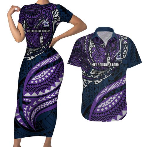 Personalised Melbourne Storm Couples Matching Short Sleeve Bodycon Dress and Hawaiian Shirt Polynesian Tribal Art Style With Cyborg Storm Mascot