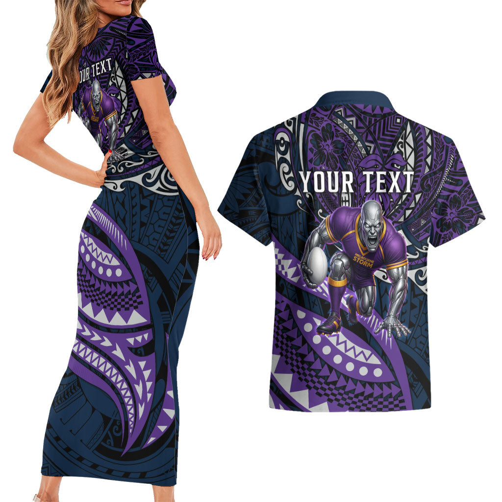 Personalised Melbourne Storm Couples Matching Short Sleeve Bodycon Dress and Hawaiian Shirt Polynesian Tribal Art Style With Cyborg Storm Mascot