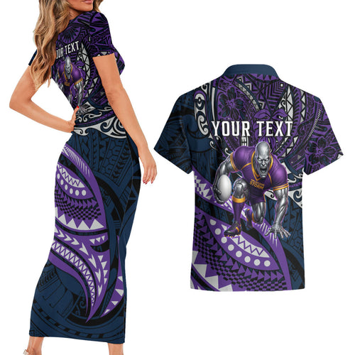 Personalised Melbourne Storm Couples Matching Short Sleeve Bodycon Dress and Hawaiian Shirt Polynesian Tribal Art Style With Cyborg Storm Mascot
