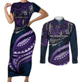 Personalised Melbourne Storm Couples Matching Short Sleeve Bodycon Dress and Long Sleeve Button Shirt Polynesian Tribal Art Style With Cyborg Storm Mascot