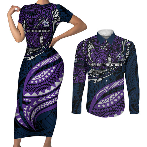 Personalised Melbourne Storm Couples Matching Short Sleeve Bodycon Dress and Long Sleeve Button Shirt Polynesian Tribal Art Style With Cyborg Storm Mascot