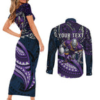Personalised Melbourne Storm Couples Matching Short Sleeve Bodycon Dress and Long Sleeve Button Shirt Polynesian Tribal Art Style With Cyborg Storm Mascot