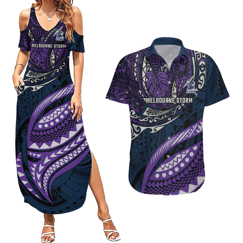 Personalised Melbourne Storm Couples Matching Summer Maxi Dress and Hawaiian Shirt Polynesian Tribal Art Style With Cyborg Storm Mascot