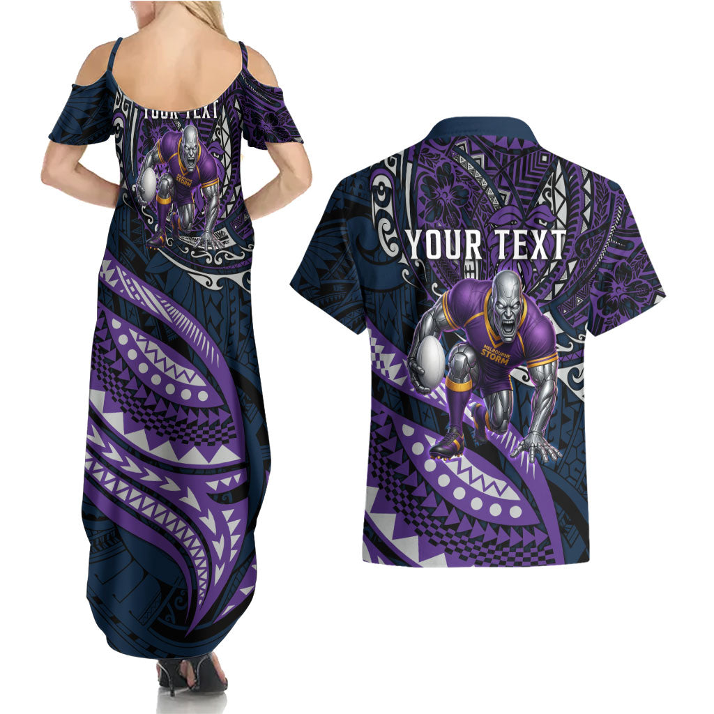Personalised Melbourne Storm Couples Matching Summer Maxi Dress and Hawaiian Shirt Polynesian Tribal Art Style With Cyborg Storm Mascot