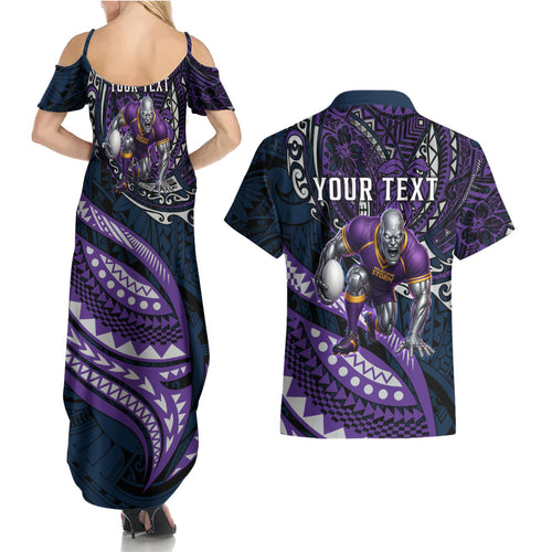 Personalised Melbourne Storm Couples Matching Summer Maxi Dress and Hawaiian Shirt Polynesian Tribal Art Style With Cyborg Storm Mascot