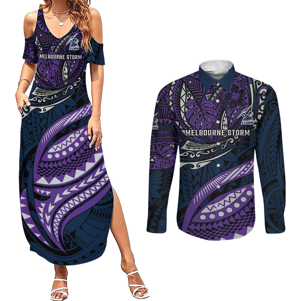 Personalised Melbourne Storm Couples Matching Summer Maxi Dress and Long Sleeve Button Shirt Polynesian Tribal Art Style With Cyborg Storm Mascot