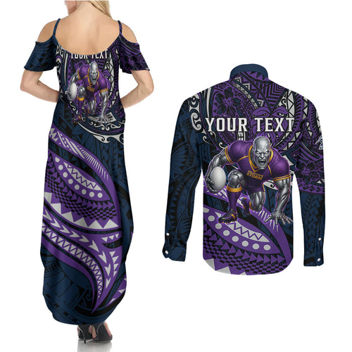 Personalised Melbourne Storm Couples Matching Summer Maxi Dress and Long Sleeve Button Shirt Polynesian Tribal Art Style With Cyborg Storm Mascot