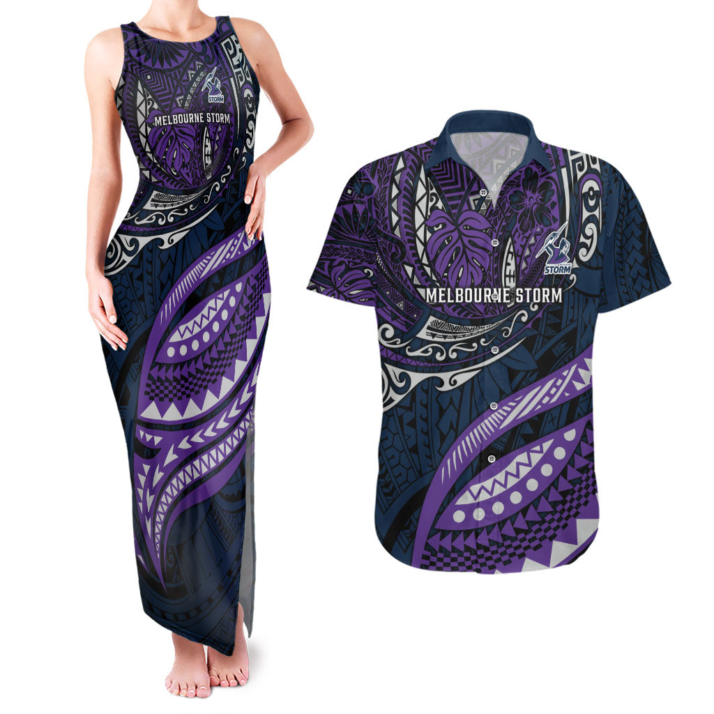 Personalised Melbourne Storm Couples Matching Tank Maxi Dress and Hawaiian Shirt Polynesian Tribal Art Style With Cyborg Storm Mascot