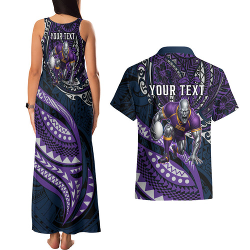 Personalised Melbourne Storm Couples Matching Tank Maxi Dress and Hawaiian Shirt Polynesian Tribal Art Style With Cyborg Storm Mascot
