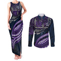 Personalised Melbourne Storm Couples Matching Tank Maxi Dress and Long Sleeve Button Shirt Polynesian Tribal Art Style With Cyborg Storm Mascot