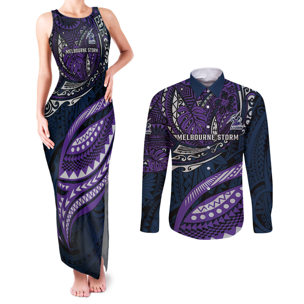 Personalised Melbourne Storm Couples Matching Tank Maxi Dress and Long Sleeve Button Shirt Polynesian Tribal Art Style With Cyborg Storm Mascot