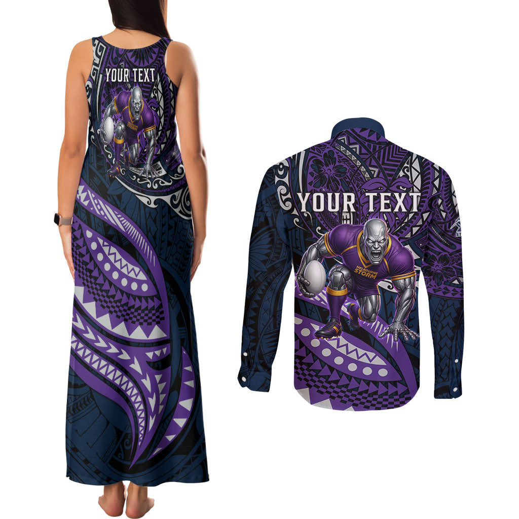 Personalised Melbourne Storm Couples Matching Tank Maxi Dress and Long Sleeve Button Shirt Polynesian Tribal Art Style With Cyborg Storm Mascot