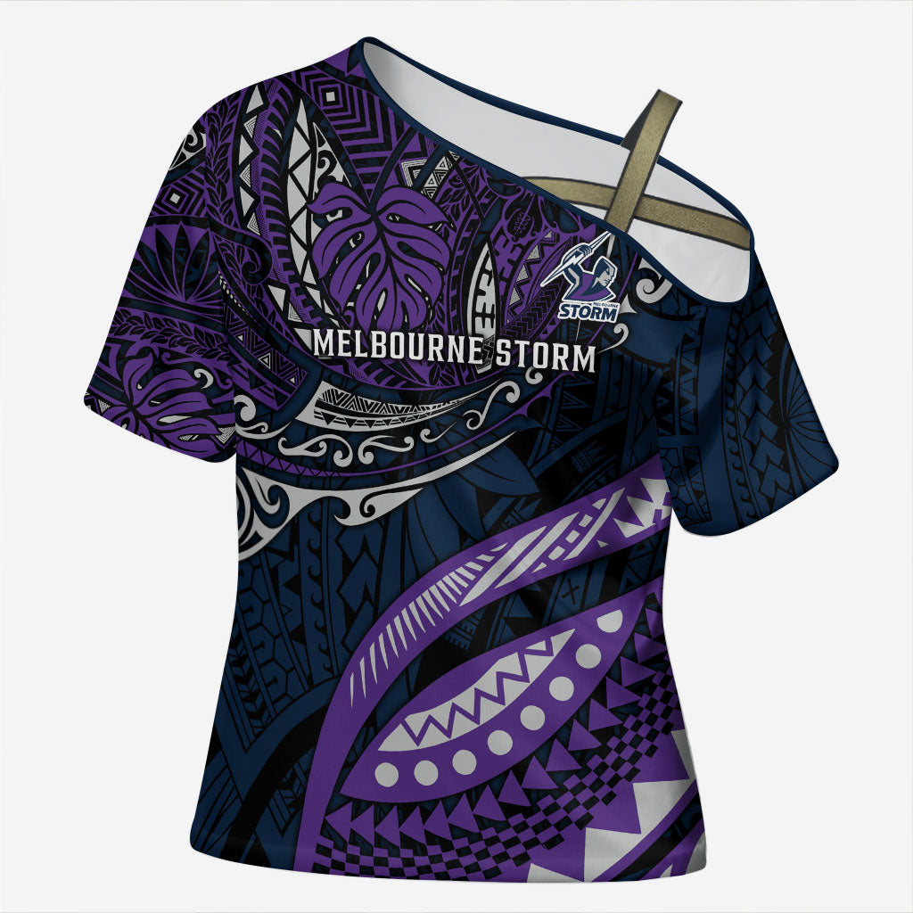 Personalised Melbourne Storm Cross Shoulder Shirt Polynesian Tribal Art Style With Cyborg Storm Mascot