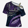 Personalised Melbourne Storm Cross Shoulder Shirt Polynesian Tribal Art Style With Cyborg Storm Mascot